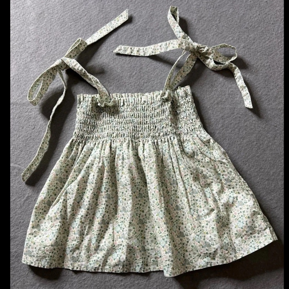 Minnow J Crew Top Girls 5/6T Smocked Ditzy Floral Green Blue Pink Tie Lined